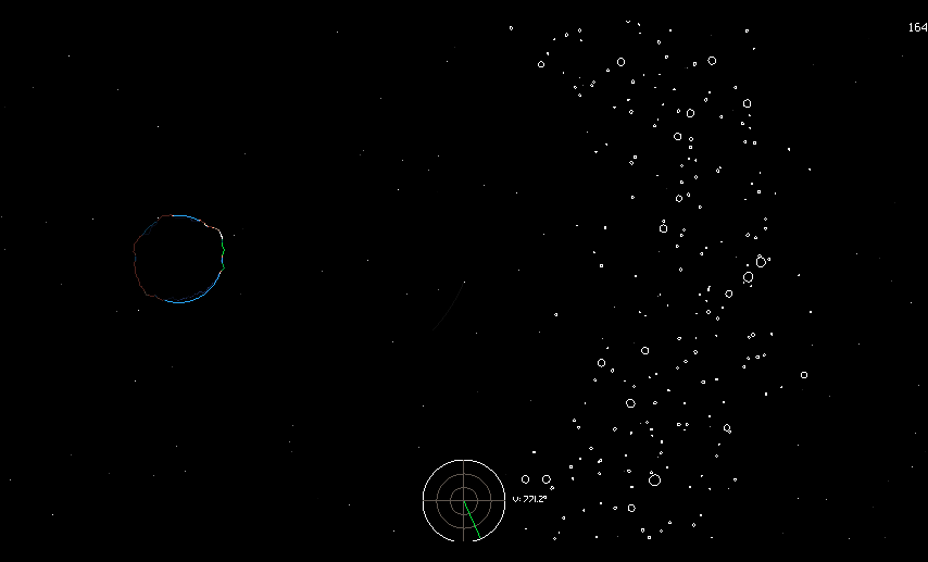 2D rendering of a planet with asteroid rings. The planet is being lit by a light source to its right. The planet vaguely resembles Earth.
