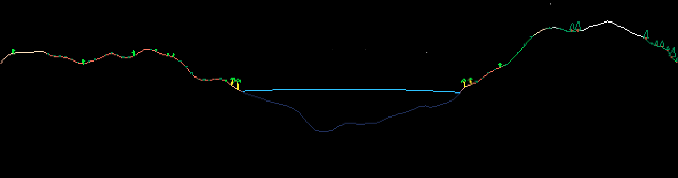 A 2D view of a planetary surface. On the left is a dry desert, followed by an ocean. On the right, a tall forested mountain with snow. The stars are visible in the night sky.